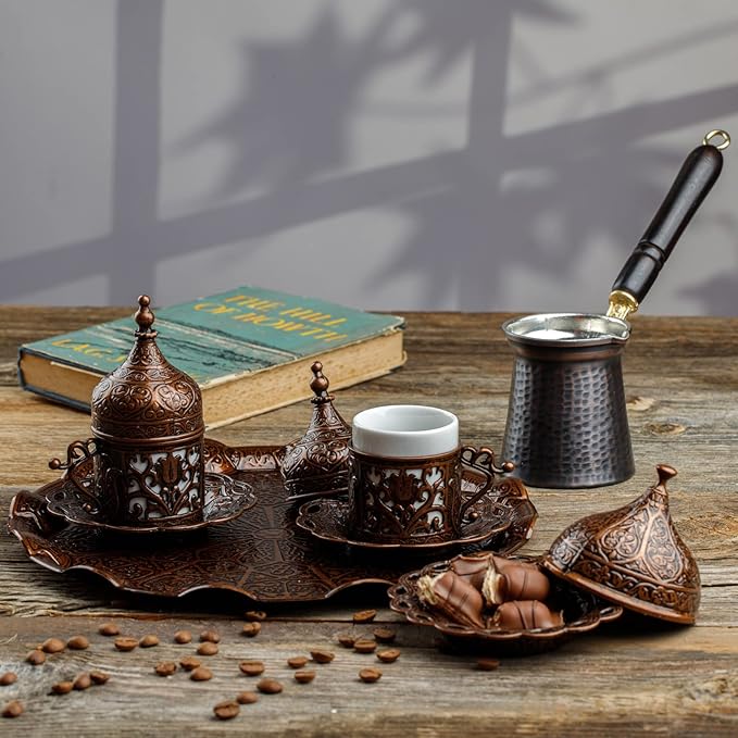 DEMMEX Turkish Greek Arabic Coffee Making and Serving Full Set with Cups Saucers Lids Sugar Bowl Tray and Copper Coffee Pot, Hand Decorated with Gold Crystals, 12 Pcs