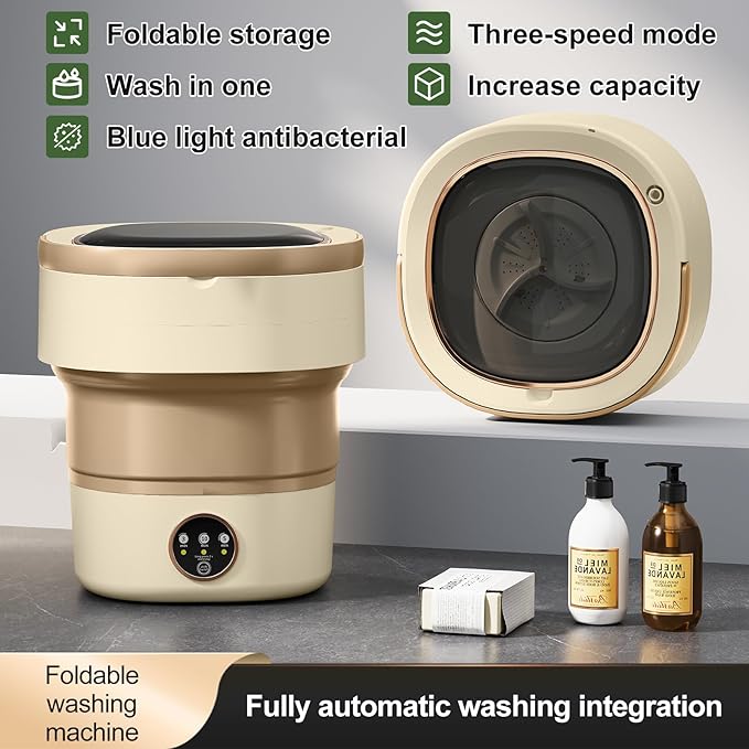 Portable Washing Machine 20L —Small Foldable Washer with Spin Basket, 3 Mode Deep Clean — Mini Laundry Machine for Travel, Dorms, Camping, Ideal for Baby Clothes, Underwear, Socks Beige