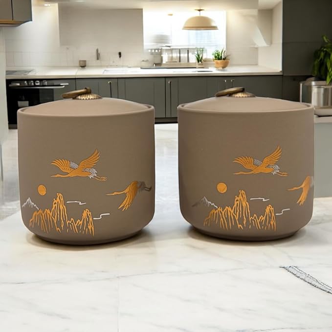 Bare & Balanced Ceramic Canister with Airtight Lid – Premium Kitchen Storage Jar | Crane & Mountain Design | Storage for Dry Goods | Gift-Ready Box