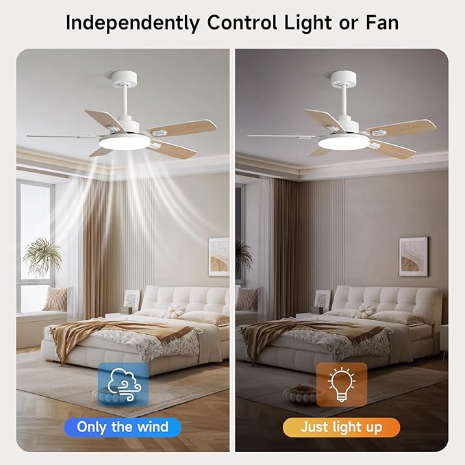 44 Inch Ceiling Fans with Lights and Remote for Bedroom Living Room Kitchen Office, Indoor/Outdoor Use, 5CCT Dimmable, Dual Color 5 Blades, 6 Speed Reversible Quiet DC Motor, White/Wood Grain