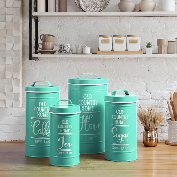 DAYYET Teal Canisters for Kitchen Counter, Airtight Kitchen Canisters for Countertop, Flour and Sugar Containers, Tea Coffee Sugar Canister Set, Turquoise Kitchen Decor and Accessories, Set of 4