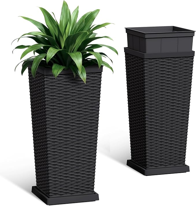 Set of 2 24 Inch Tall Plastic Planters with Drainage Saucers, Rattan Pattern UV Resistant Indoor Outdoor Flower Pots for Patio Garden Balcony Decor, Black