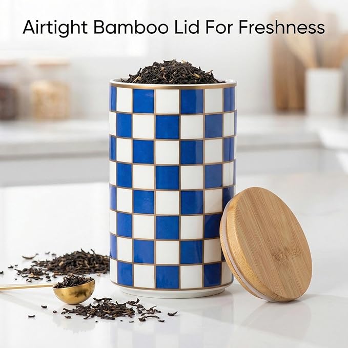 1 Piece Ceramic Coffee Canister, Airtight Coffee Container with Lid for Kitchen Storage (15.8x9cm, Blue Checkered)