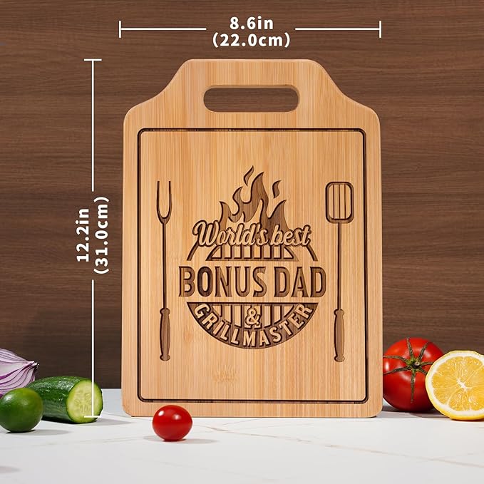 AceThrills Bonus Dad Gifts, Bonus Dad Christmas Gift for Birthday, Fathers Day - Engraved Bamboo Cutting Board 12.3"L x 8.7"W x 0.4"Th