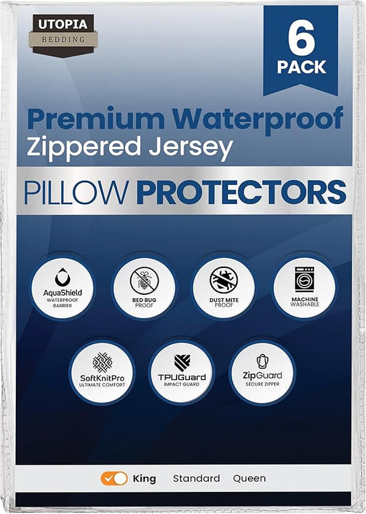 Set of 6 Pillow Protectors with Zipper King Size, Bed Bug and Dust Mite Proof Pillow Covers, Ultra Soft Pillow Encasements, Moisture Wicking and Waterproof Pillow Cases by Utopia Bedding (White)