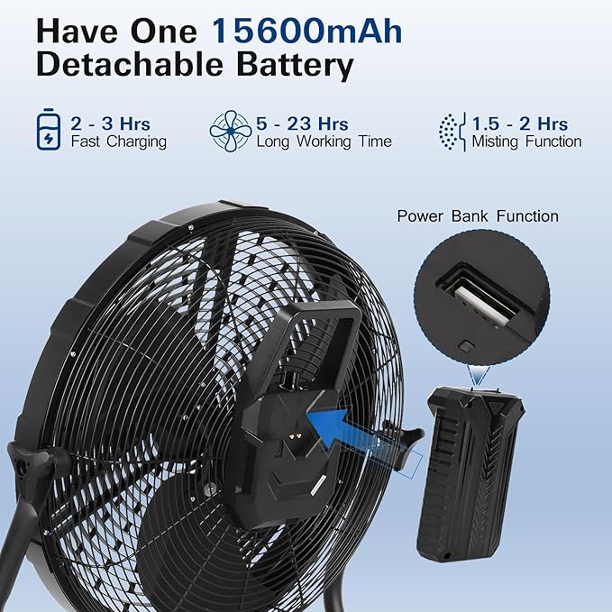 BILT HARD 12" Outdoor Portable Misting Fan, Battery Operated Misting Fan with 15600mAh Detachable Battery & Misting Function, Rechargeable Floor Fan for Outside, Patio
