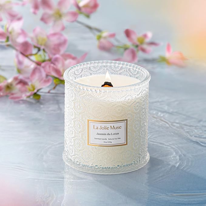 LA JOLIE MUSE Jasmine Lotus Scented Candles for Home, Natural Soy Wax, 19oz | Large Jar Luxury Candles, Clean Non Toxic, Floral Candle Gifts for Women & Mom, Decorative White Candles, Engaged Candle Gift