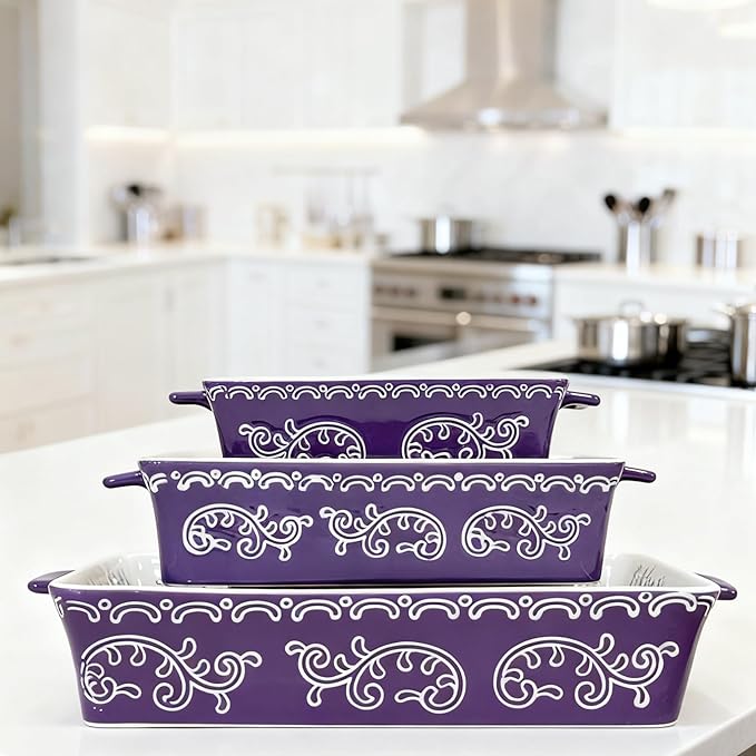 Domini Casserole Dishes for Oven, Ceramic Baking Dishes for Oven Set of 3, Lasagna Pan Deep, Baking Pan Set Square Casserole Dish Set with Handles for Baking, Pattern Purple(14.6+11.4+8.5inch)Christmas