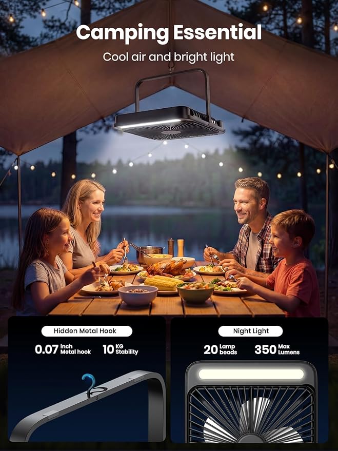 Warmco 20000mAh Battery Powered Fan, Ultra-Slim 8-Inch Portable Camping Fan with LED Lantern, Up to 48H Runtime Rechargeable Desk Fan for Bedroom, Outdoor, Tent, Travel, Cruise Ship Essentials