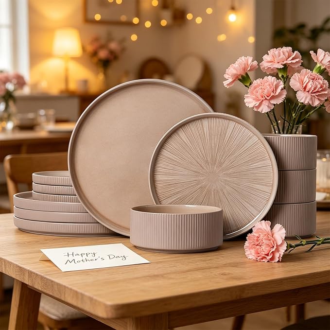 Dinnerware Sets for 4, Ceramic Plates and Bowls Set 12 Piece Dinnerware Chip Resistant Stoneware with Advanced Inkjet Printing Technology, Dishwasher and Microwave Safe-Dusty Brown