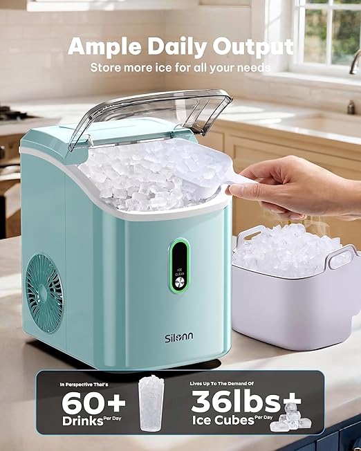 Silonn Nugget Ice Maker Countertop, Pellet Ice Machine with Self-Cleaning Function, Sonic Ice Maker Produces 36lbs of Chewable Ice in 24 Hours, Ideal for Home Kitchen and Office (Green)