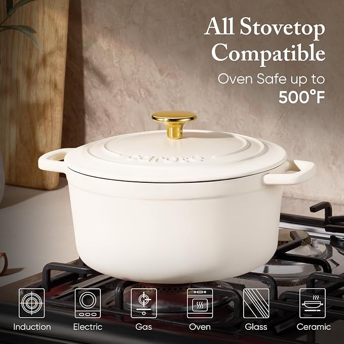 CAROTE 7QT White Enameled Cast Iron Dutch Oven Pot with Lid | Sourdough Bread Baking, Braising, Stews, Roasting, Healthy & Non-Toxic, Dual Handles, Oven Safe up to 500° F