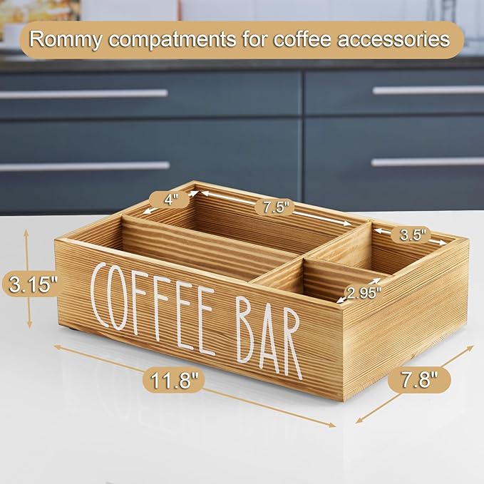 ALELION Brown Coffee Station Organizer - Wood Coffee Bar Accessories Organizer with Removable Dividers for Pods Condiment Syrup Tea Cups Stirrers - for Farmhouse Coutertop Decor