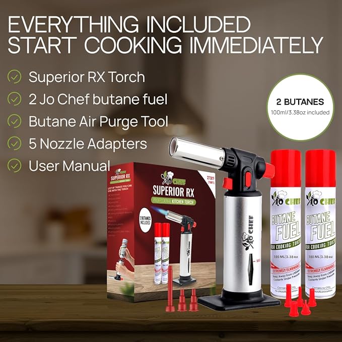Jo Chef Kitchen Torch with Butane Included – Refillable butane torch Lighter with Safety Lock & Adjustable Flame, Culinary Blow Torch for Cooking, Creme Brulee and Soldering 2 Cans (3.38oz) Included