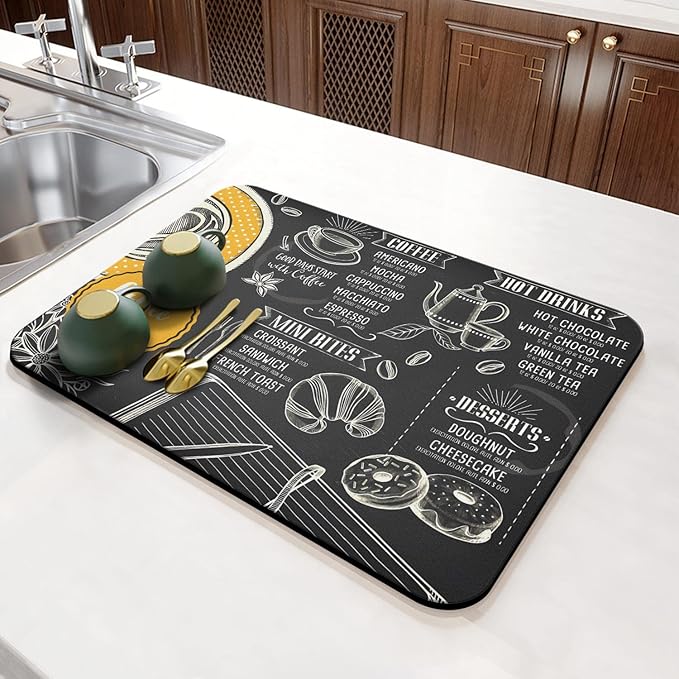 Coffee Bar Mat Accessories for Countertop Absorbent Hide Stain Rubber Backed Dish Drying Mats for Kitchen Counter Draining Pad Decor Gift(24x16in)