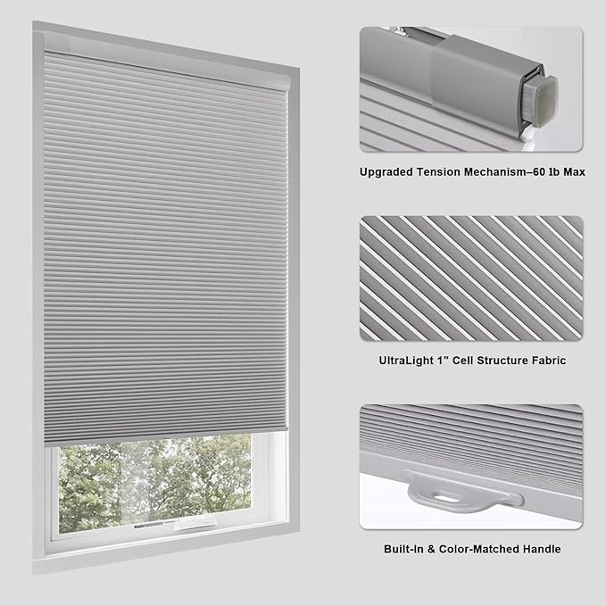 Tonature No Drill Cellular Shades for Indoor Windows, Thermal Insulating & Noise Reducing Honeycomb Blinds, Cordless Free Stop Blinds Light Filtering, Grey,44 1/2" W x 64" H