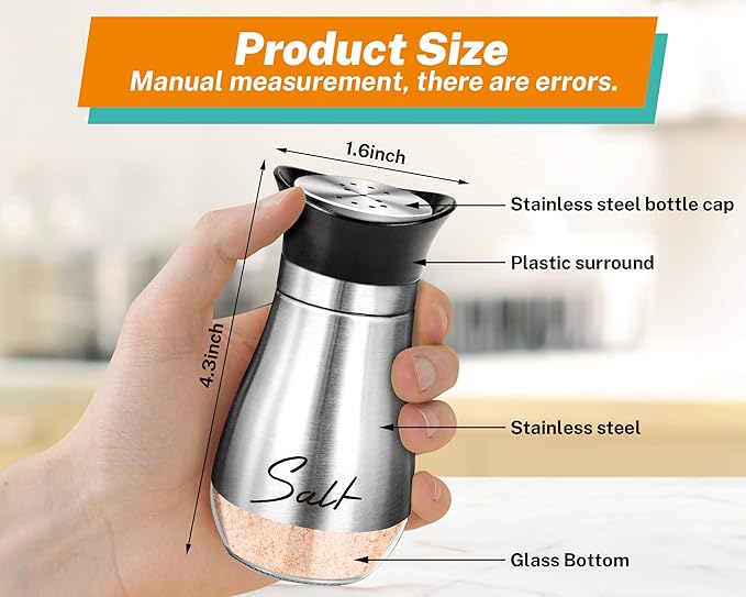 Salt Shakers and Pepper Set,4 oz Glass Bottom Salt Pepper Shaker with Stainless Steel Lid for Kitchen Gadgets Cooking Table, RV, Camp,BBQ Refillable Design (Silver)