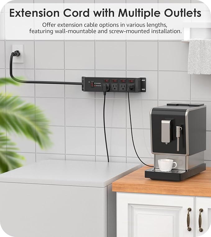 CCCEI Heavy Duty Surge Protector Power Strip 20 Amp Individual Switches. 4FT 12 Gauge Extension Cord with Multiple Outlets. Kitchen, Garage, Shop, Industrial Wall Mount Electric Extender, Black.