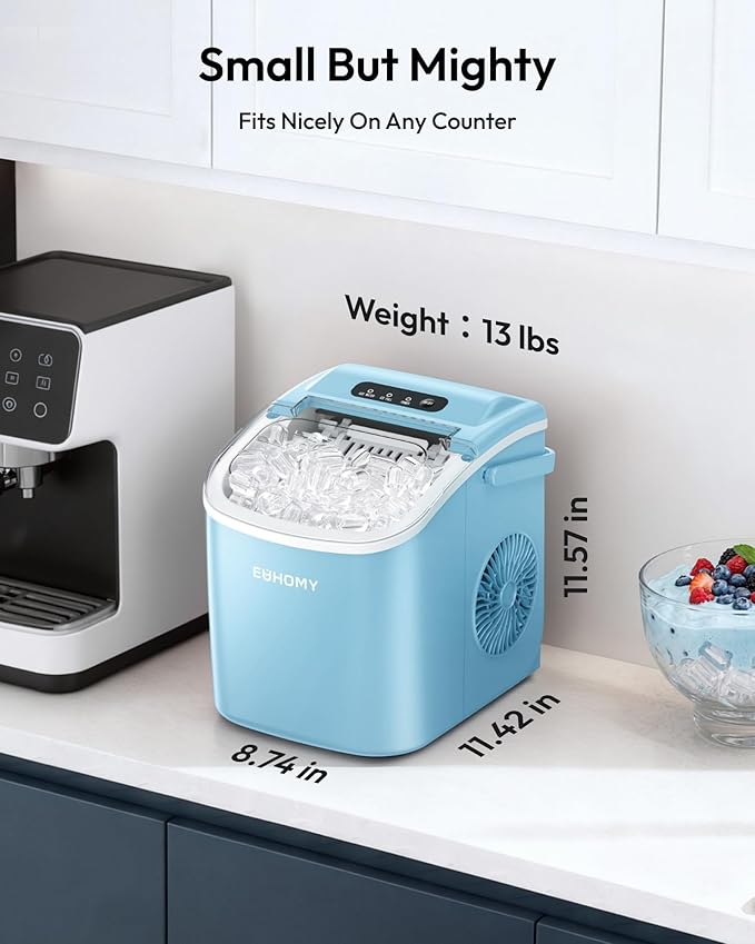 EUHOMY Countertop Ice Maker Machine with Handle, 26lbs Per Day, 9 Ice Cubes Ready in 6 Mins, Auto-Cleaning Portable Ice Maker with Basket and Scoop, for Home/Kitchen/Camping/RV (Blue)