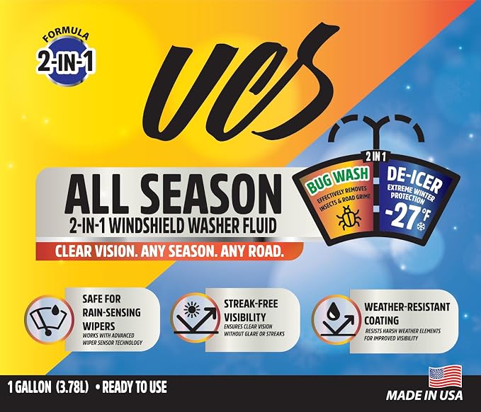 UCS Advanced All-Season Windshield Washer Fluid Winter Protection to -27F | 2-in-1 Bug Wash & Water Beading Technology | Streak-Free Visibility (1 Gallon)