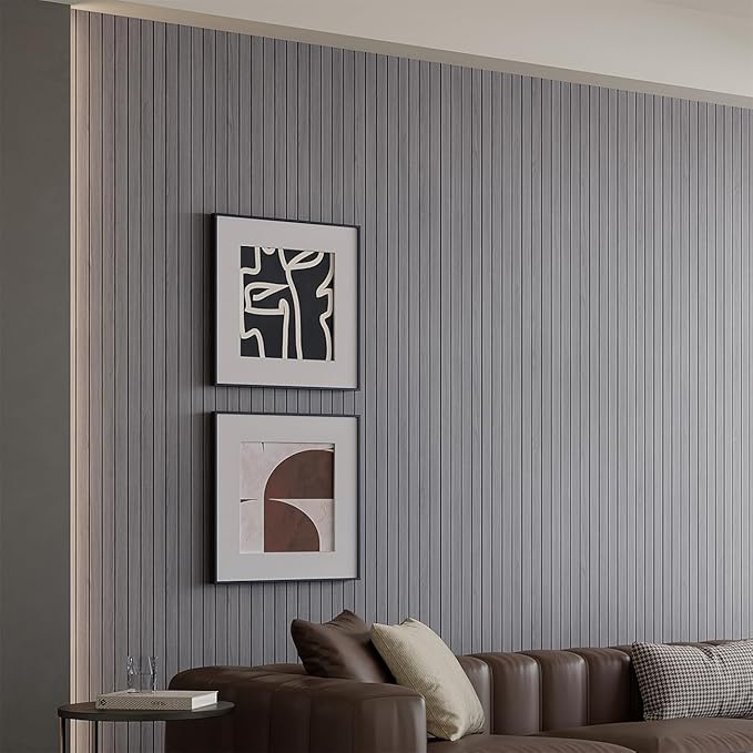 Yutianli PVC Slat Wall Panel Peel and Stick 118"x 15.7" Faux Wood Slat Panel Artificial Oak Wood Grain Self-Adhesive Soundproof 3D Wall Panel for Walls and Ceilings
