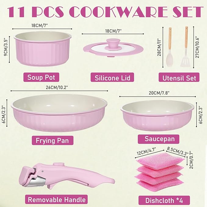 Vivicreate 11 Piece Pots and Pans Set Nonstick with Removable Handle, Induction Cookware, Stackable Kitchen Set for RV Camping Apartment, Frying Pan and Saucepan (Pink)