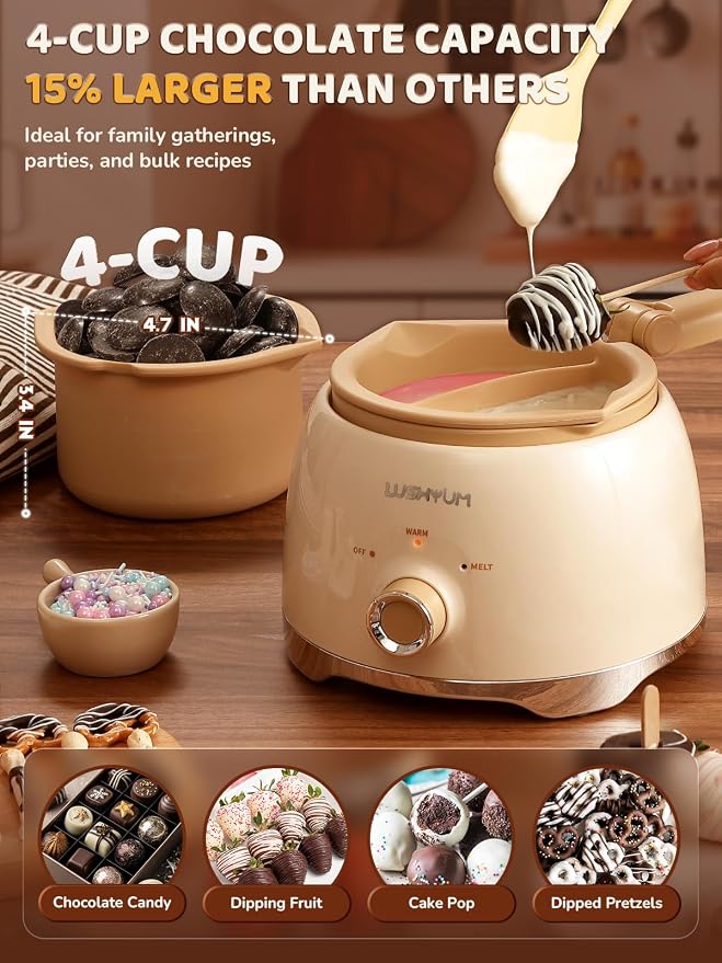 Electric Chocolate Melting Pot with 2 Insert Pots, 4-Cup Chocolate | Even Heating & Fast Melting, BPA-Free Silicone, Easy Clean, Less Waste, Ideal for Chocolate & Candy Melts, Parties & Fondue