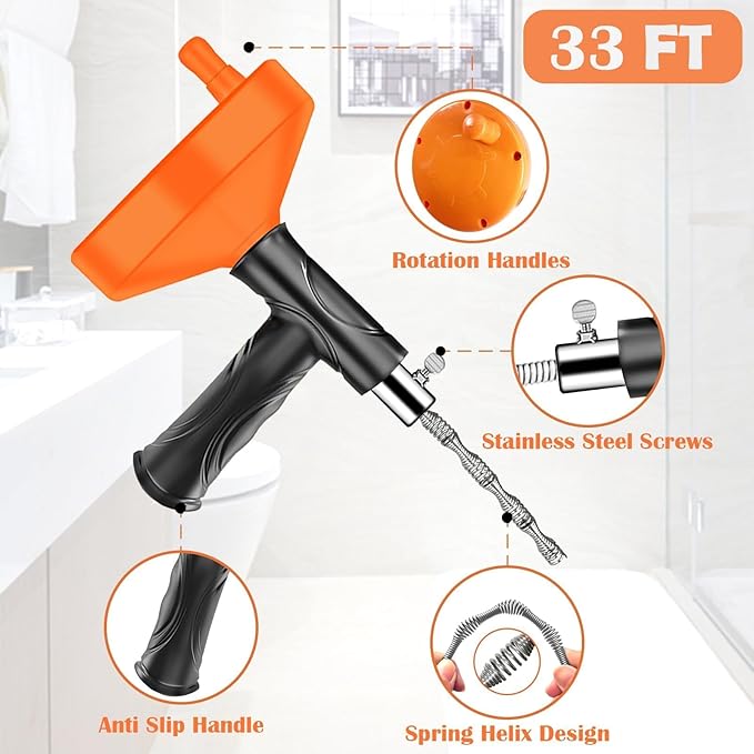 Drain Snake Auger Plumbing Snake Drain Hair Clog Removal Tool, Sink Drain Heavy Duty Toilet Snake Auger, Cleaner Tool for Bathroom Kitchen Tub Shower Drain Clog Remover with Gloves 33FT