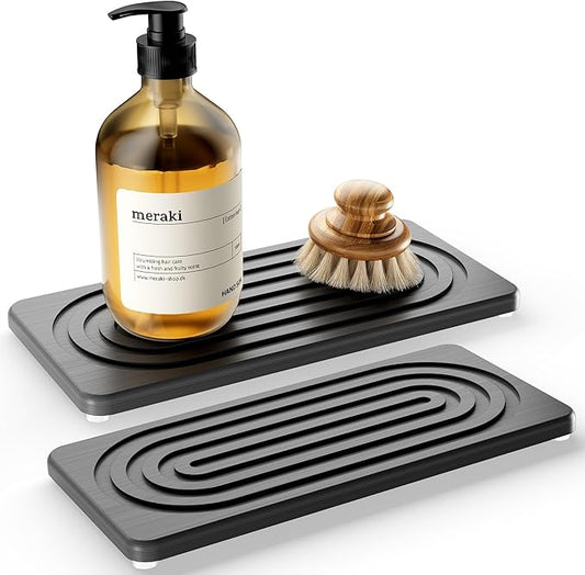 Water Absorbing Stone Tray, Quick Drying Diatomite Bathroom Tray Countertop, Stone Drying Mat for Kitchen Counter, Soap Dish Dispenser Vanity Organizer, Dark Grey-A-9.8" x 4"