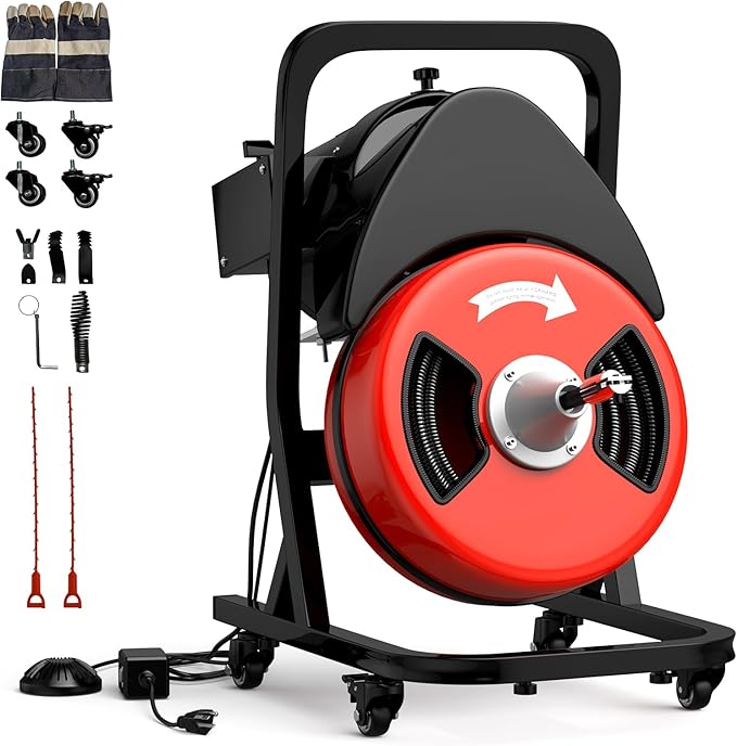 50 FT x 1/2 Inch Drain Cleaner Machine, Sewer Snake Electric Cleaning Machine with Wheels for 2" to 4" Pipes, Plumbing Power Augers Cleaner with 6 Cutter and Foot Switch for Sewer, Sink, Toilet