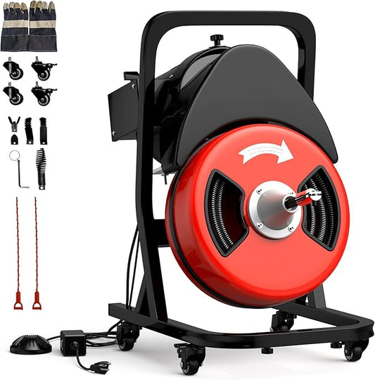 50 FT x 1/2 Inch Drain Cleaner Machine, Sewer Snake Electric Cleaning Machine with Wheels for 2" to 4" Pipes, Plumbing Power Augers Cleaner with 6 Cutter and Foot Switch for Sewer, Sink, Toilet