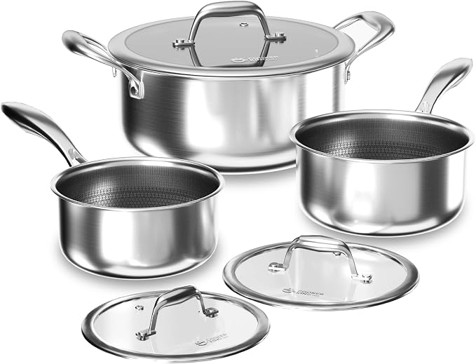 COOKER KING Hybrid Stainless Steel Pot Set, 1.5 & 2 & 5QT Pots with Lids | 6PCS, Non Stick, Non Toxic, Stay-Cool Handles, Induction Compatible, Oven and Dishwasher Safe