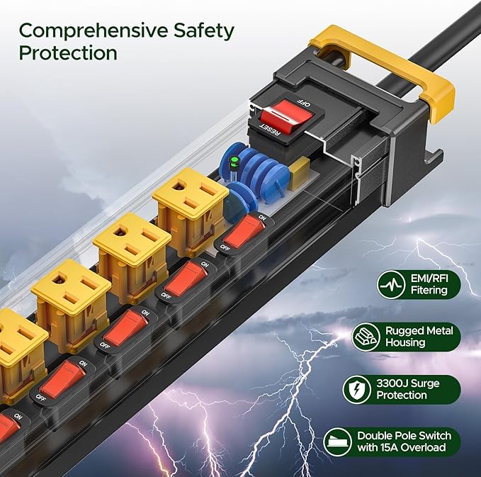 10 Outlet Heavy Duty Metal Power Strip with Individual Switches,3300J Surge Protector,1.7 Inch Wide Spacing for Large Adapters,6Ft Cord Managment for School,Garage,Workbench,ETL Listed(15A/1875W)