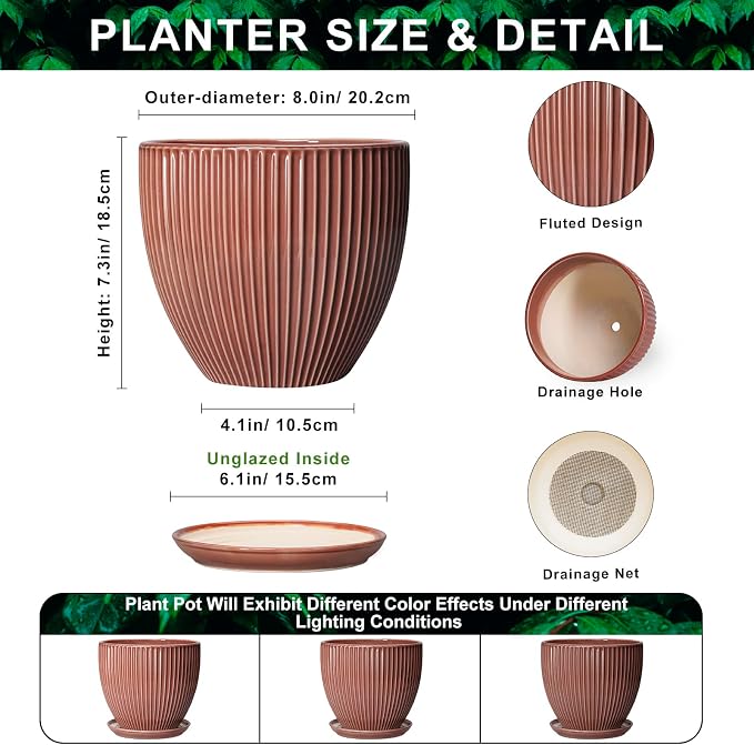 8 Inch Ceramic Flower Pots, Plant Pots Indoor with Drainage Hole and Saucer, Round Flower Pot for Indoor Plants, Decorative Modern Planter, Garden House Decor, Gardening Gifts, Rust Red