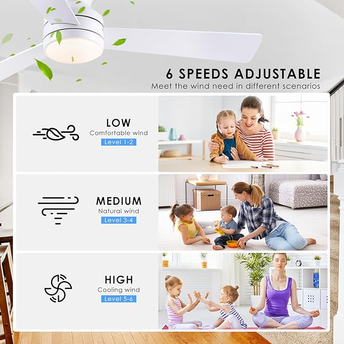 Asyko 46" White Low Profile Ceiling Fan with Light and Remote,Modern Flush Mount Ceiling Fans for Bedroom, Living Room, 6 Speeds, Dimmable, Timer, Quiet Reversible