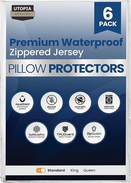 Set of 6 Pillow Protectors with Zipper Standard Size, Bed Bug and Dust Mite Proof Pillow Covers, Ultra Soft Pillow Encasements, Moisture Wicking and Waterproof Pillow Cases by Utopia Bedding (White)