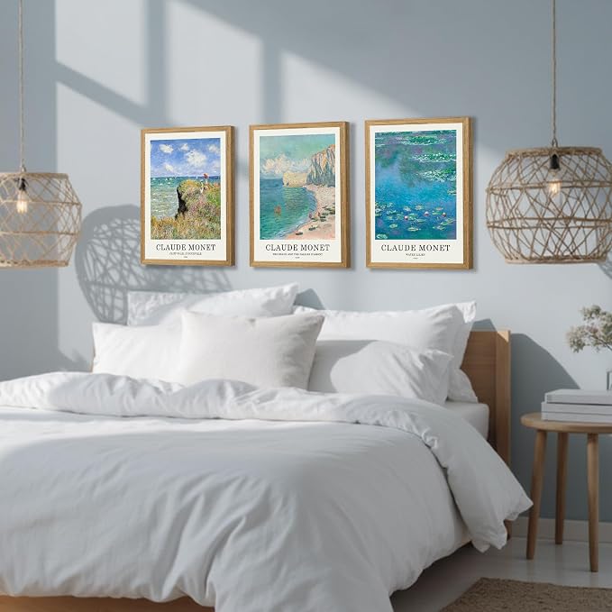 JLTULT 3 Piece Framed Vintage Claude Monet Canvas Wall Art, Impressionism Landscape Wall Decor, The Cliff Walk at Pourville Water Lilies Prints for Living Room Bedroom Office 16x24 in Easy to Hang