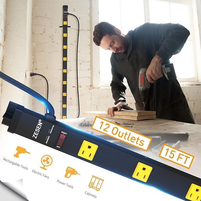 12 Outlet Industrial Long Power Strip with 15Ft Cord, 1875W Heavy Duty Metal Power Strip with Wide-Spaced Outlets & Overload Protection, ETL Listed for Garage, Workshop, Office, Home