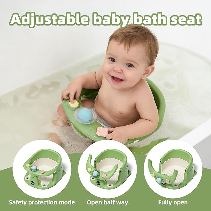 Baby Bath Seat for Babies 6 Months & up with Thermometer, Non-Slip Toddler Bath Seats for Sitting Up, Safe Infant & Newborn Bathtub Chair with 4 Suction Cups, Soft Cushion & Temperature Display, Green