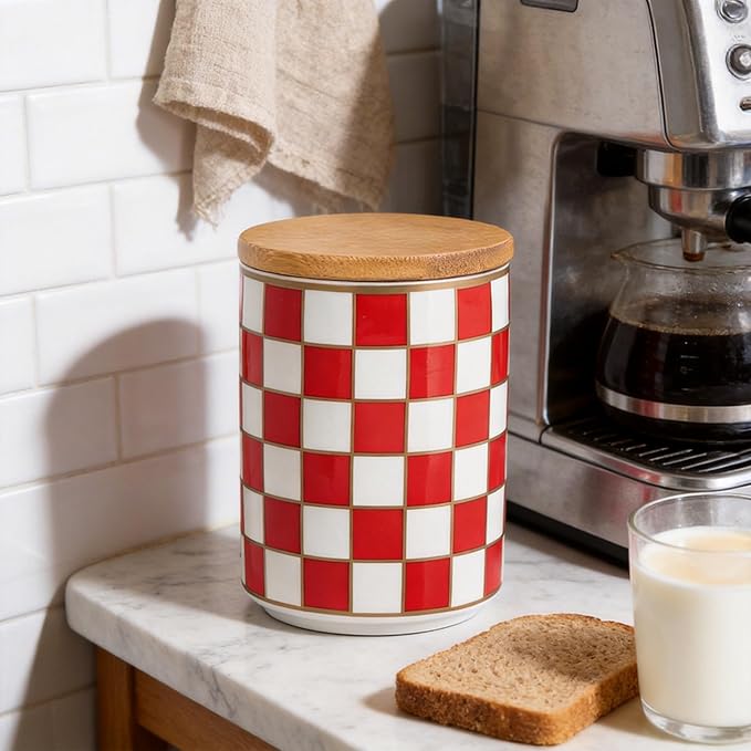 Kitchen Countertop Ceramic Checkered Canisters,Black And White Food Storage Containers With Lid,Airtight Kitchen Canisters for Flour, Sugar, Coffee, Tea, and Dry Goods (Red, Small)
