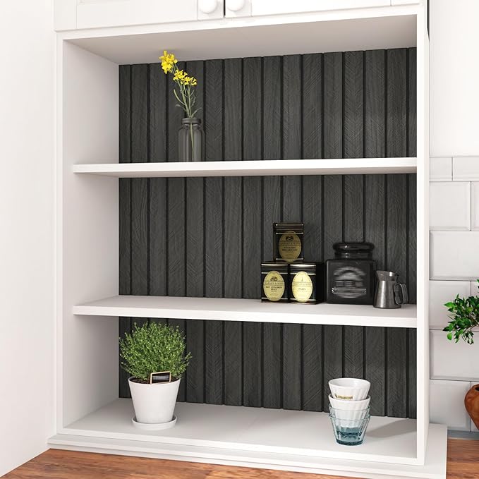 Grey/Black 3D Wood Panels for Wall Decor 197"x11.8" Peel and Stick Faux Wood Wall Panel Self Adhesive Soundproof Wooden Slats Paneling Wallpaper for Living Room Bedroom Office Work Shop