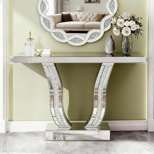 SSLine Modern Mirrored Console Table,43-Inch Silver Mirror Finish Entryway Table with Sparkling Crystal Inlay U-Shape Base Luxury Accent Foyer Tables for Living Room Hallway Entrance