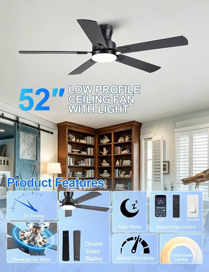 Ceiling Fans with Lights, 52" Low Profile Ceiling Fan with Light and Remote/APP Control, Modern Flush Mount Led Ceiling Fan for Indoor Bedroom Living Room, Dimmable, Qiuet DC Motor, Black