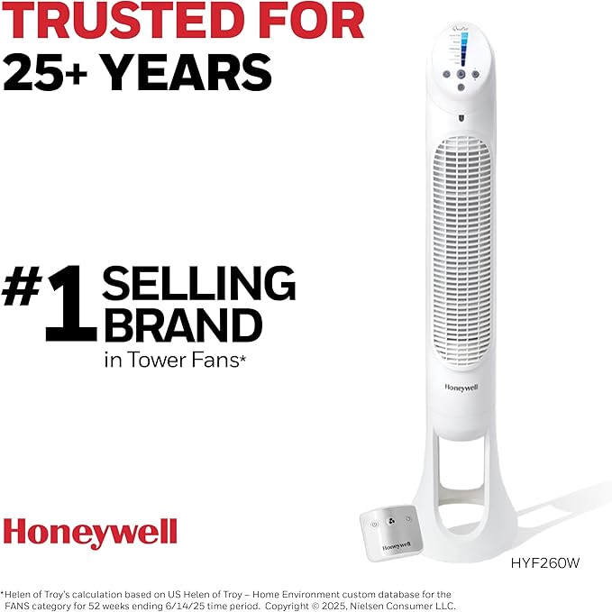 Honeywell QuietSet Whole Room Oscillating Tower Fan with Remote, White, HYF260