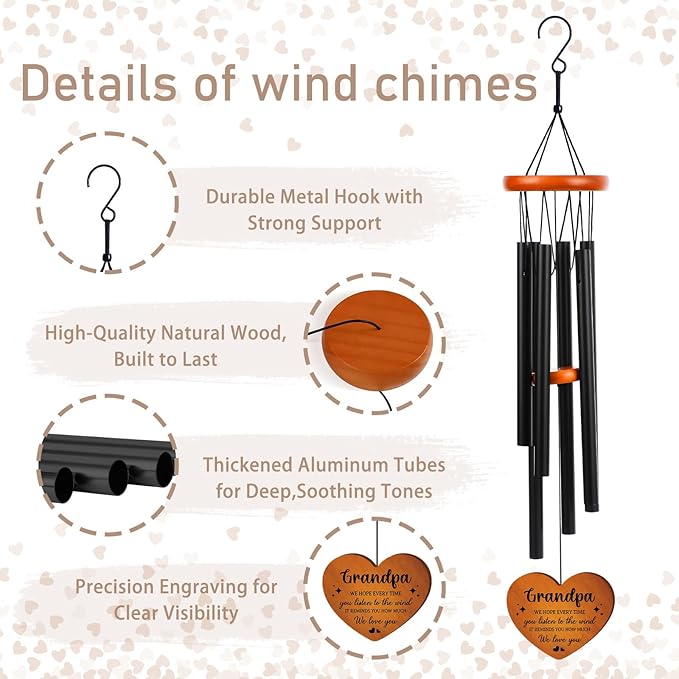 Grandpa Gifts Wind Chimes for Outside - Metal Windchime with Wooden Pendant, Greeting Card & Black Box - Unique Memorial Birthday Gift for Grandfather from Grandkids, Garden Hanging Decor