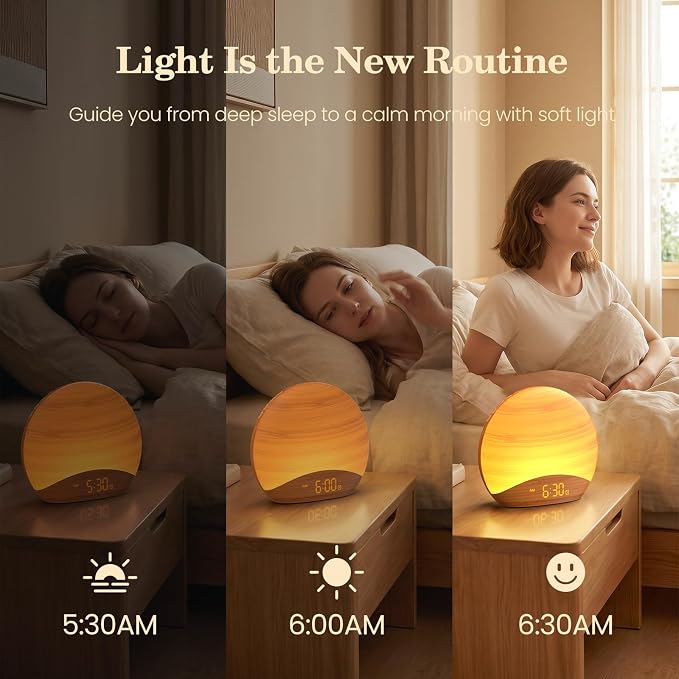 REACHER Natural Wood Grain Sound Machine Sunrise Alarm Clock，26 Nature Inspired Sleeping Sounds, 0-100% Dimmable Clock, Night Light,Brown/Pink/White Noise Sound Machine for Babys, Kids, Adults