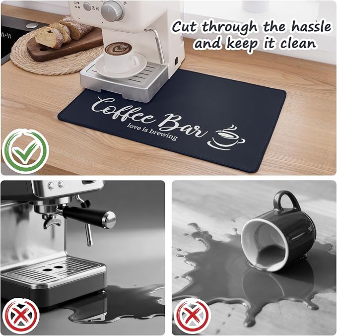 SHACOS Coffee Mat 2-Pack 12x19 Inch Absorbent Non Slip Rubber Bar Accessories Coffee Maker Mat for Countertop Dish Drying Mat Heat Resistant, Black