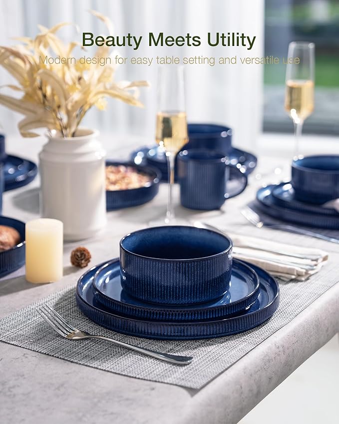 Famiware Star 16-Piece Stoneware Dinnerware Set, Service for 4 - Shallow Pasta Bowls & Flat Plates, Modern Rustic Reactive Glaze Dishes, Chip/Scratch Resistant, Microwave/Dishwasher Safe, Nebulas Blue
