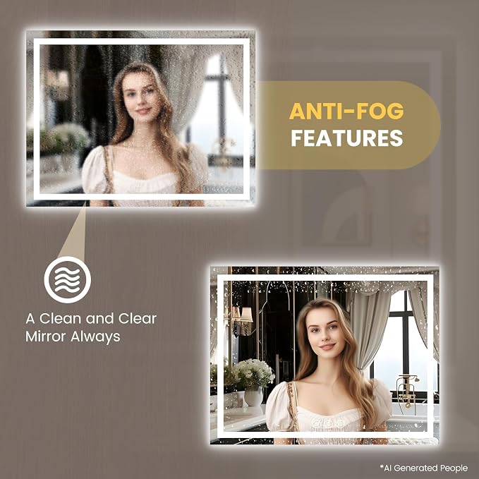 LOAAO 44"X36" LED Bathroom Mirror with Lights, Anti-Fog, Dimmable, Backlit + Front Lit, Lighted Bathroom Vanity Mirror for Wall, Memory Function, Tempered Glass, Safe to Use, ETL Listed
