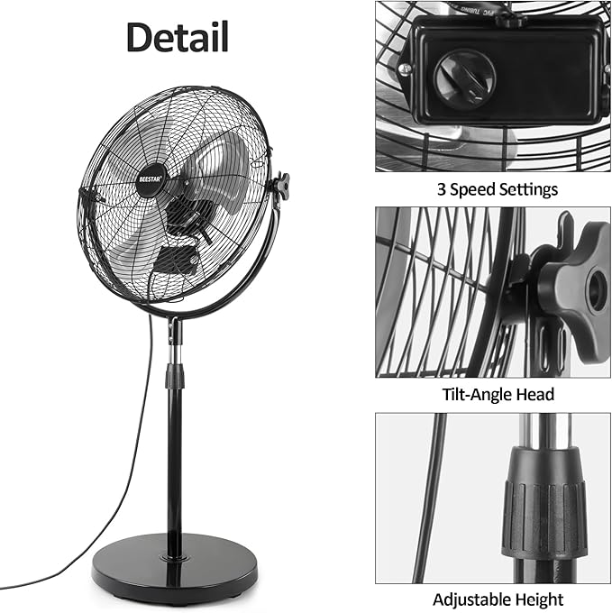 BEESTAR 18 Inch Heavy Duty High Velocity Pedestal Fan,Industrial Standing Fan with Adjustable Height and Tilt,3-Speed,Metal for Industrial, Commercial, Residential, Greenhouse,Black
